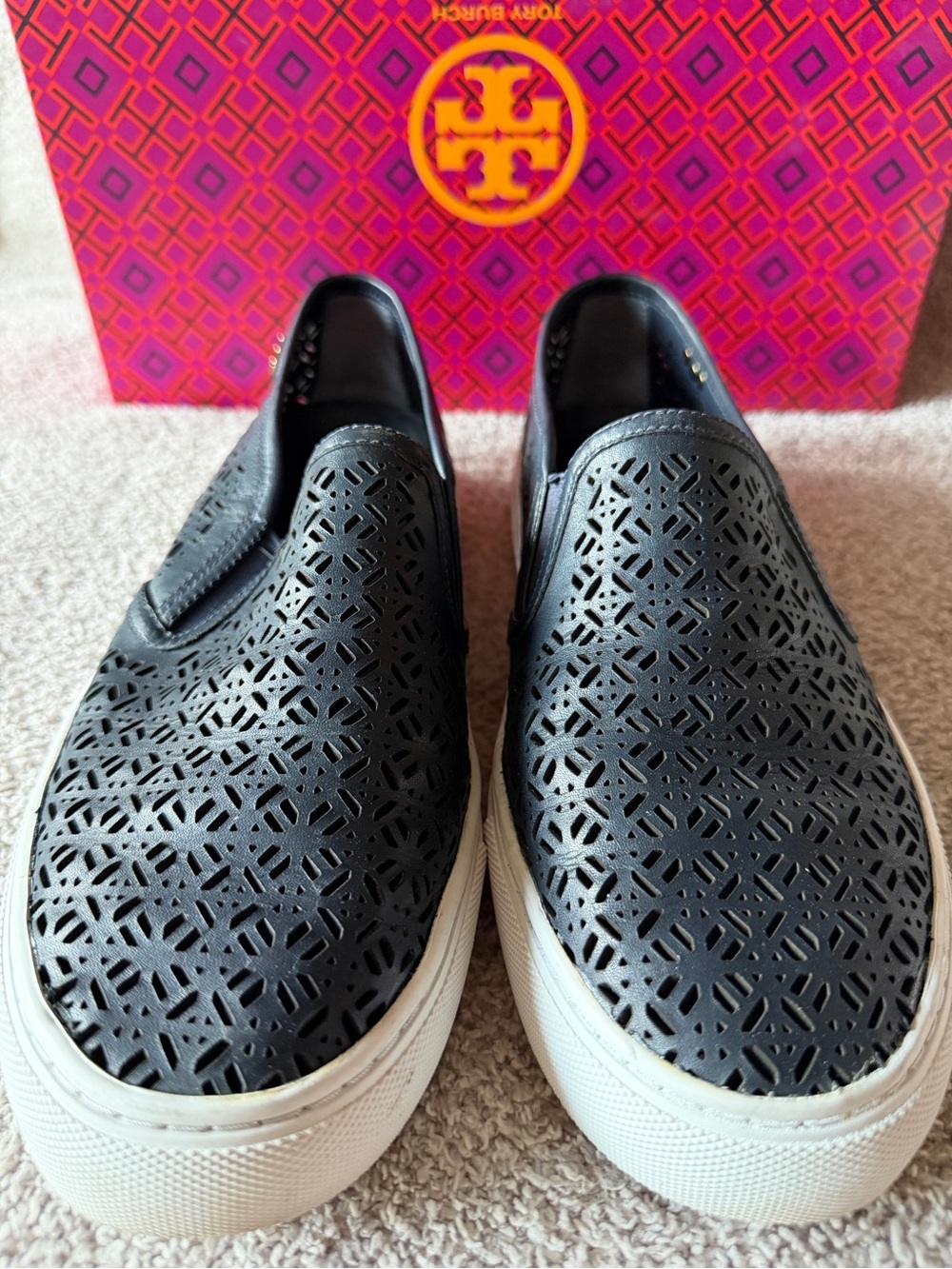 Tory Burch Lennon Perf Slip-On Sneaker - Navy Laser Cut Perforated Veg Leather